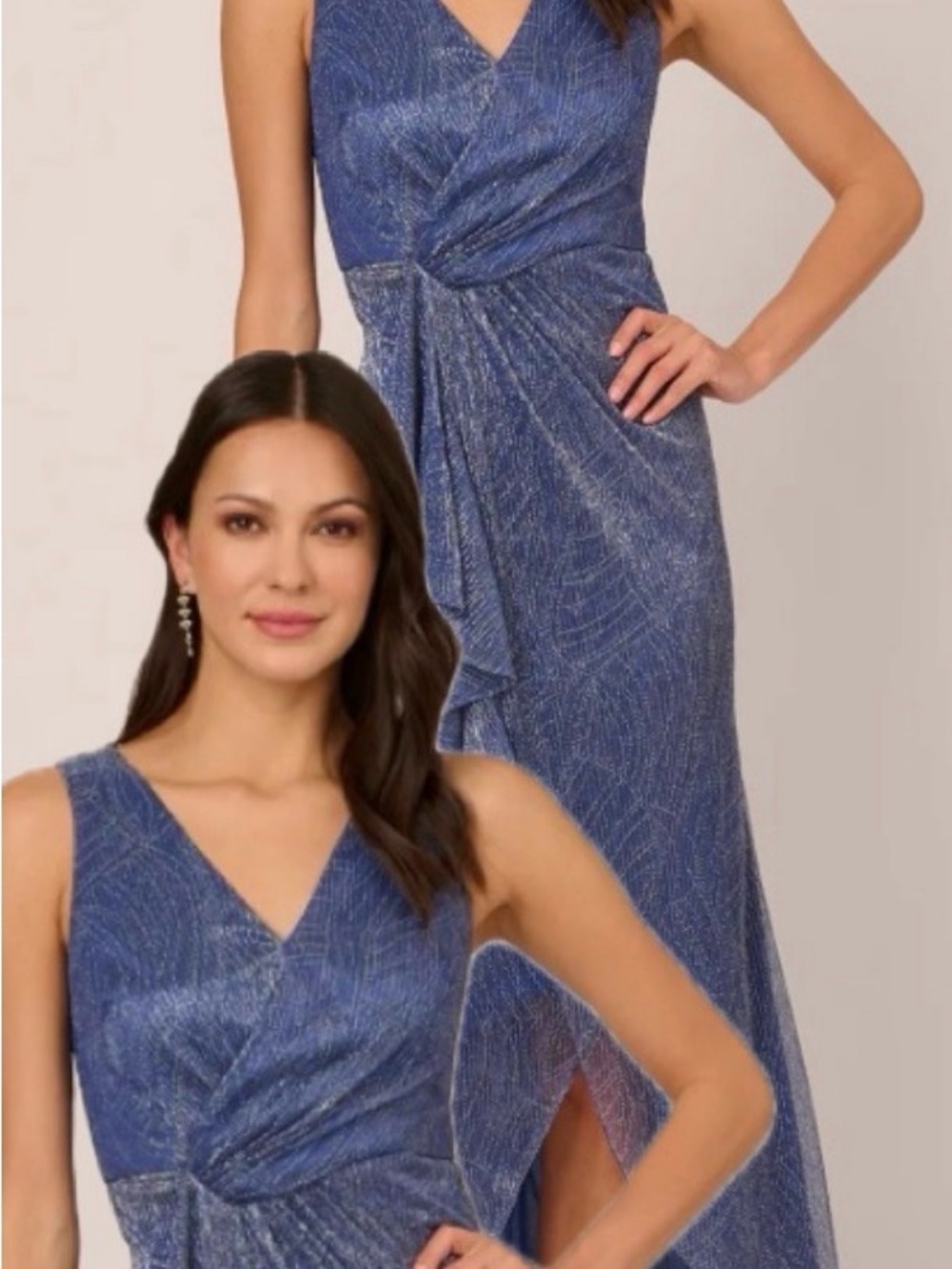 Adrianna Papell Blue Metallic V-Neck Knot-Detail Maxi Gown size 6